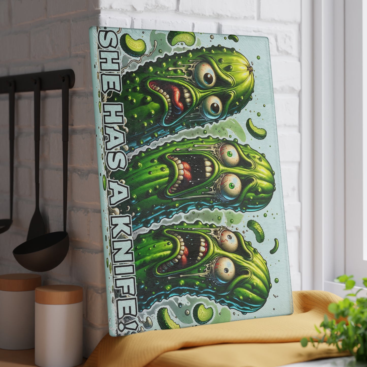 She Has a Knife! Glass Cutting Board – Pickle Panic Funny Kitchen Decor