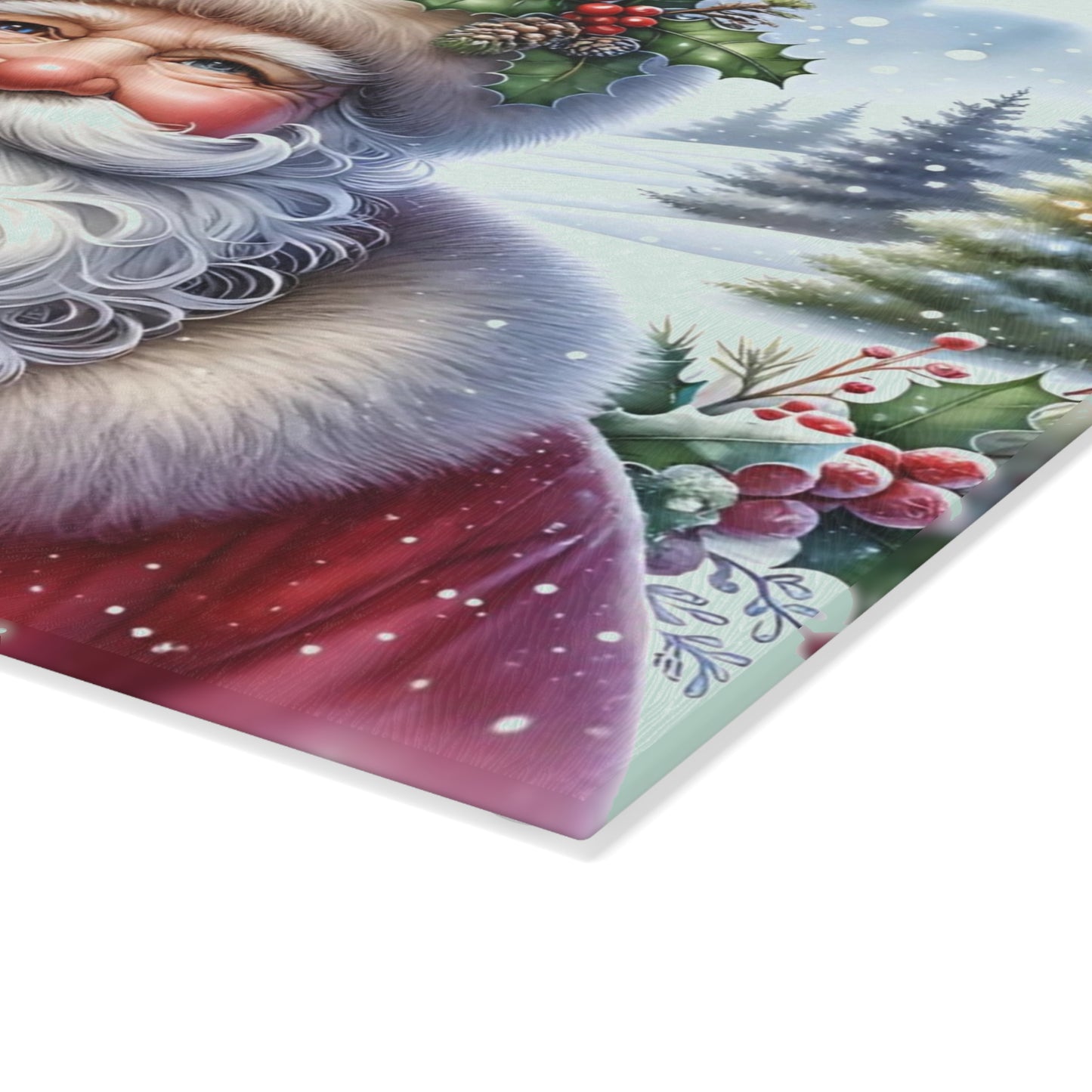 🎅✨ “Jolly Santa in the Pines” Glass Cutting Board – Cozy Charm for Your Kitchen