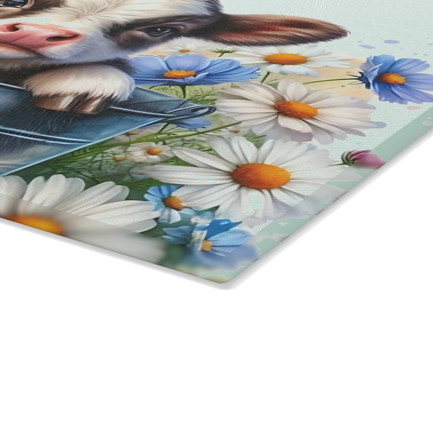 🐮 Baby Cow in Bucket with Blue Daisies Cutting Board – Farmhouse Charm for Your Kitchen 🌼