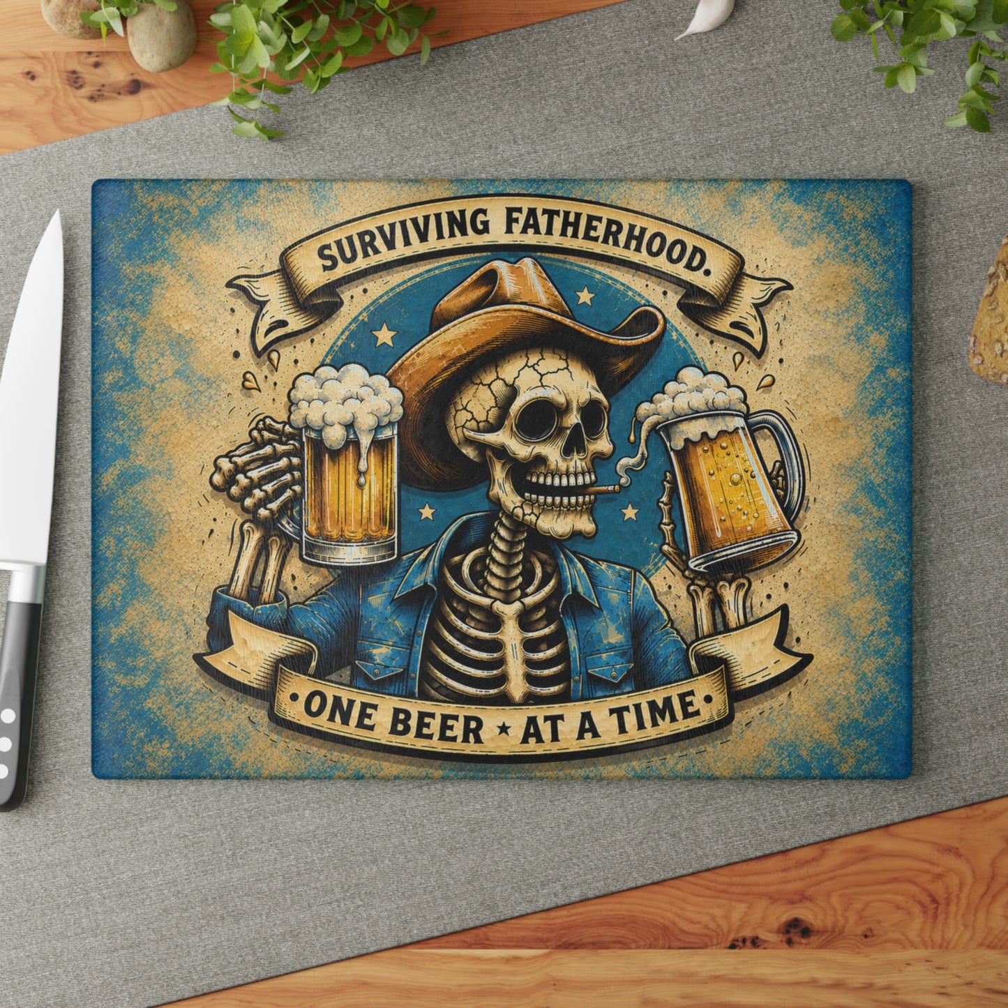 Surviving Fatherhood One Beer at a Time Glass Cutting Board – Funny Dad Skeleton Cowboy Decor