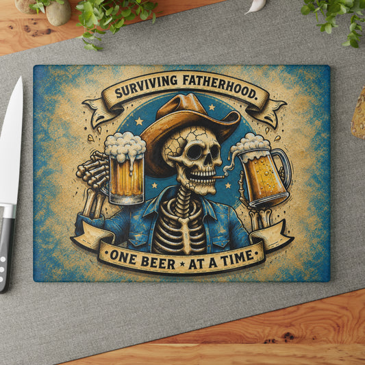 Surviving Fatherhood One Beer at a Time Glass Cutting Board – Funny Dad Skeleton Cowboy Decor