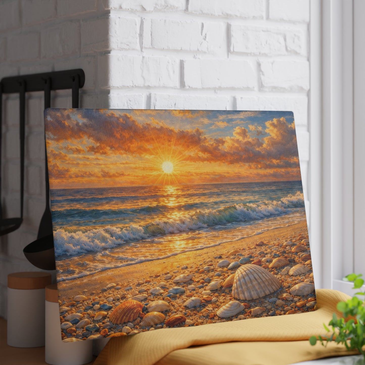 Golden Beach Sunrise Glass Cutting Board – Coastal Seashell Ocean Art