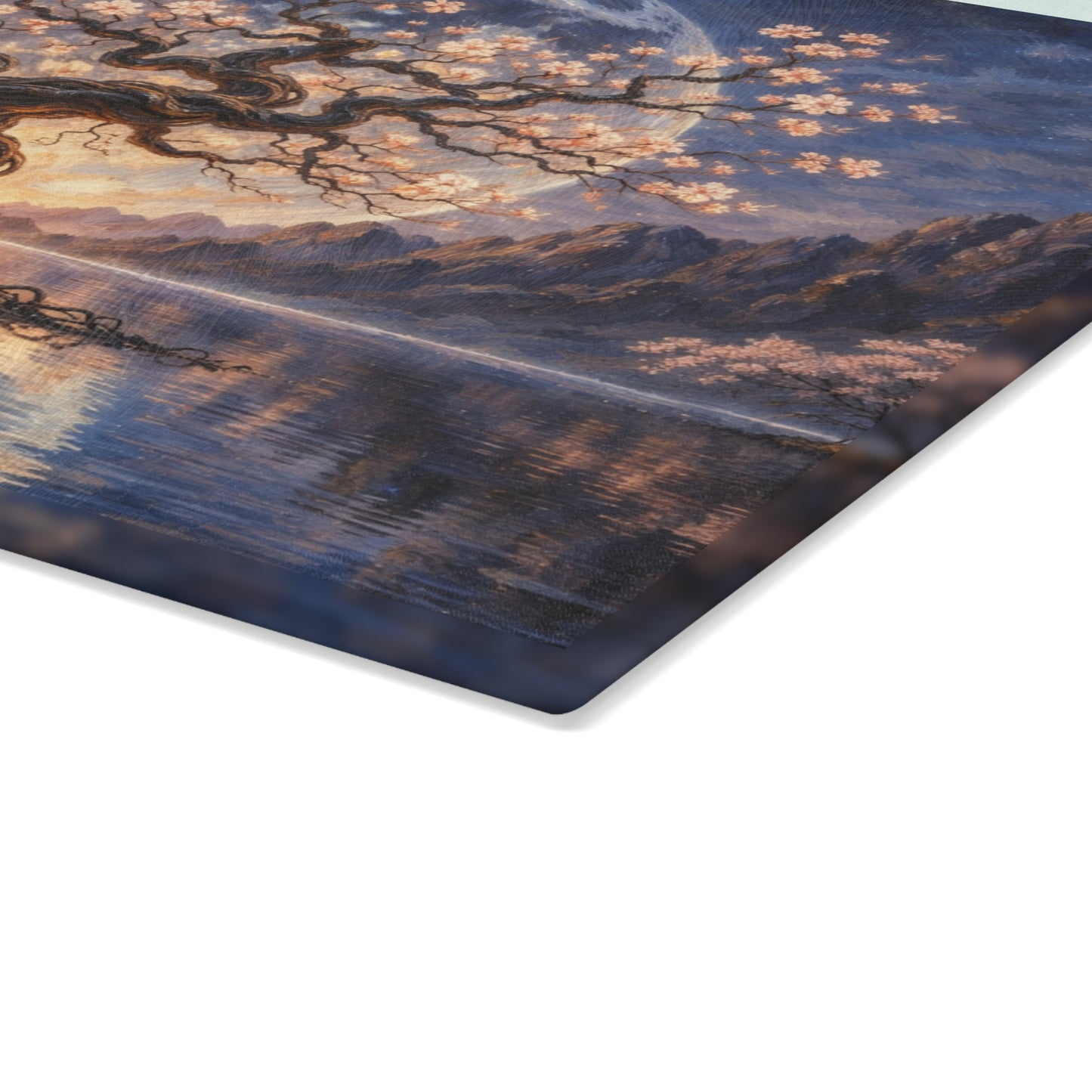 Moonlit Blossom Tree Glass Cutting Board – Dreamlike Fantasy Kitchen Art