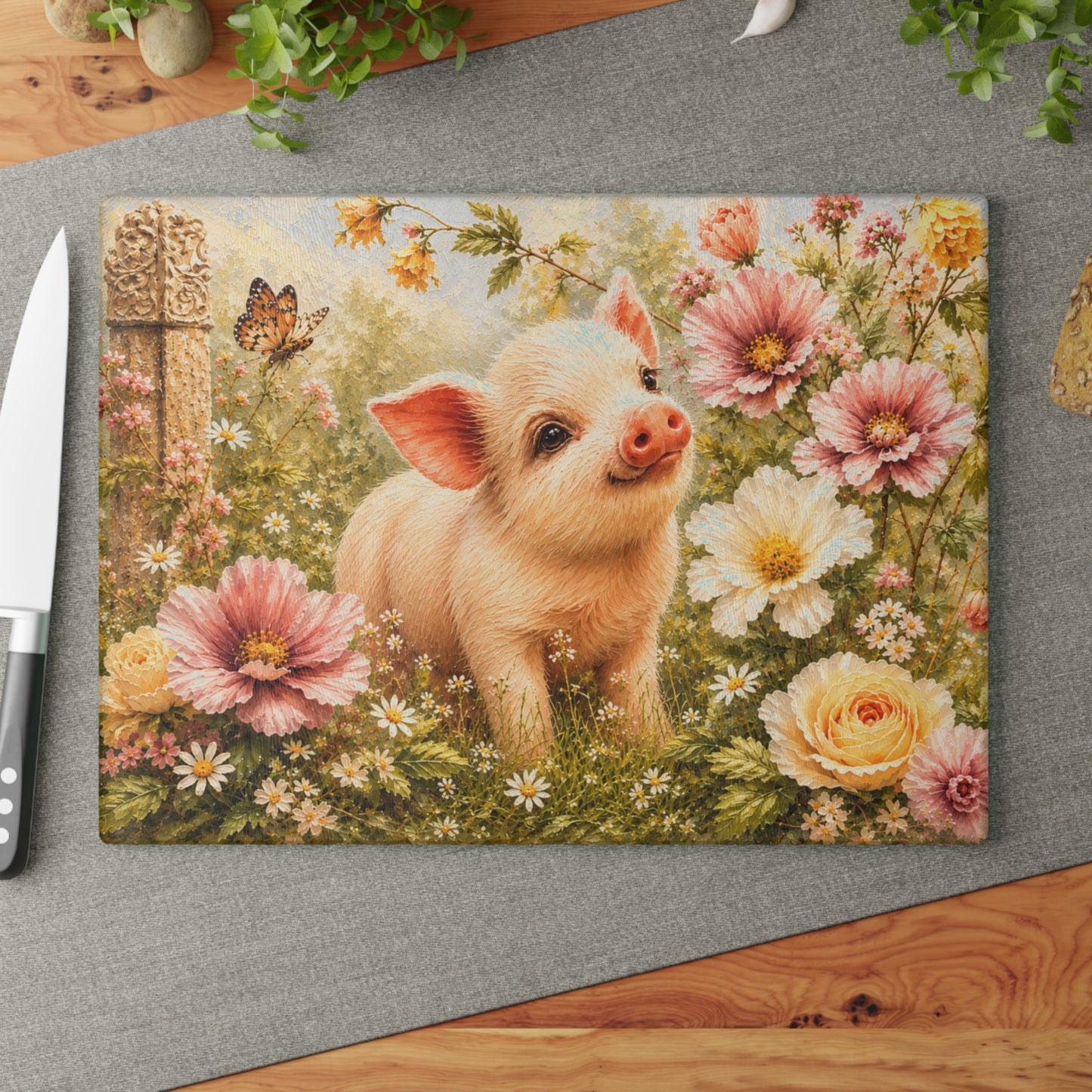 Floral Piglet Tempered Glass Cutting Board