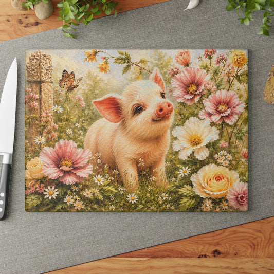 Floral Piglet Tempered Glass Cutting Board