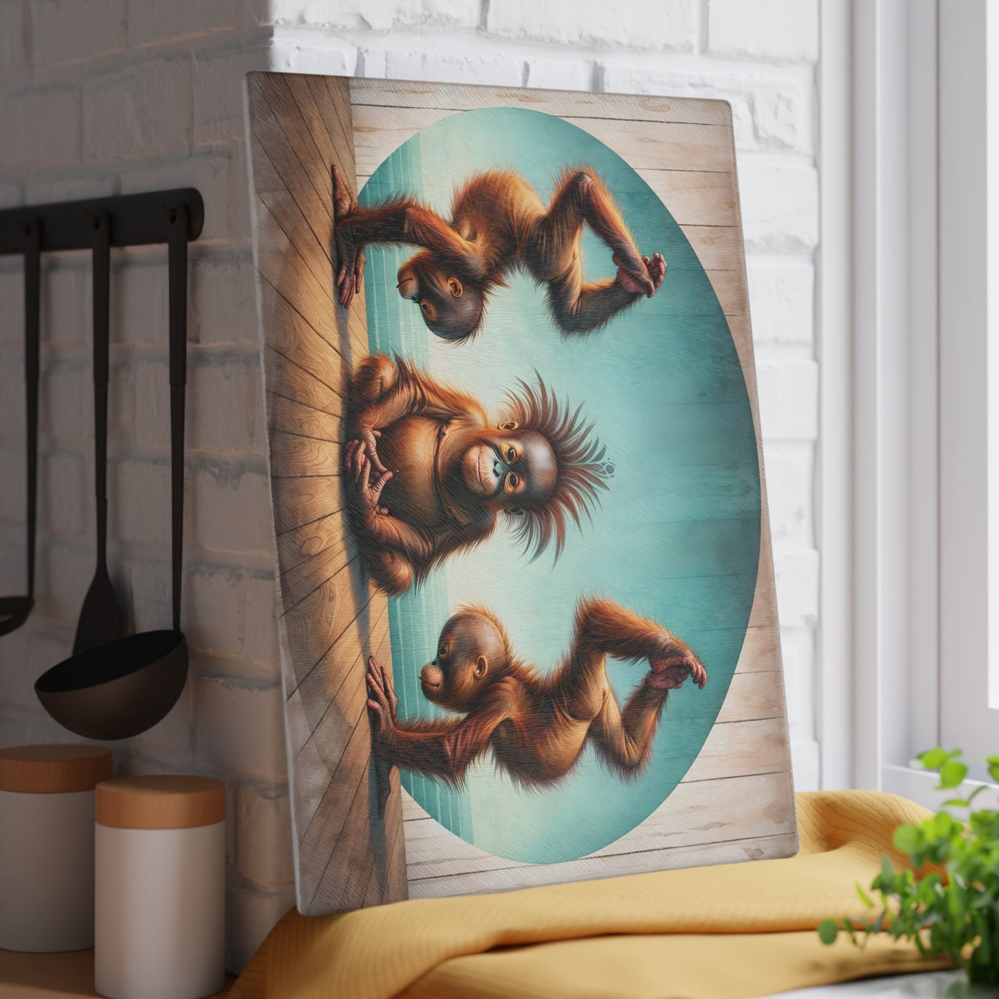Playful Orangutan Yoga Glass Cutting Board – Whimsical Animal Art Kitchen Display