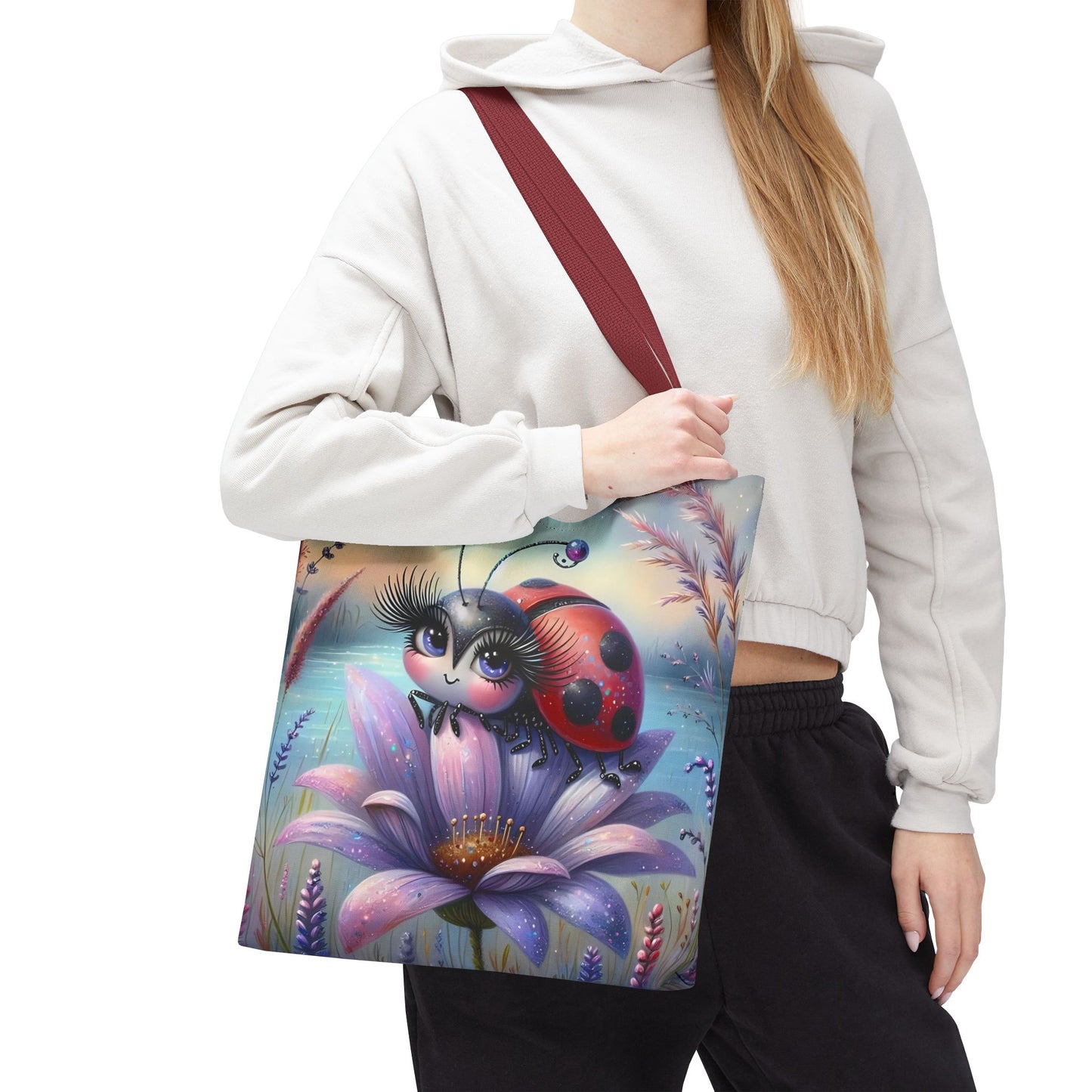 🐞 Mariquita sobre una flor junto al lago – Bolsa de tela inspirada en la naturaleza