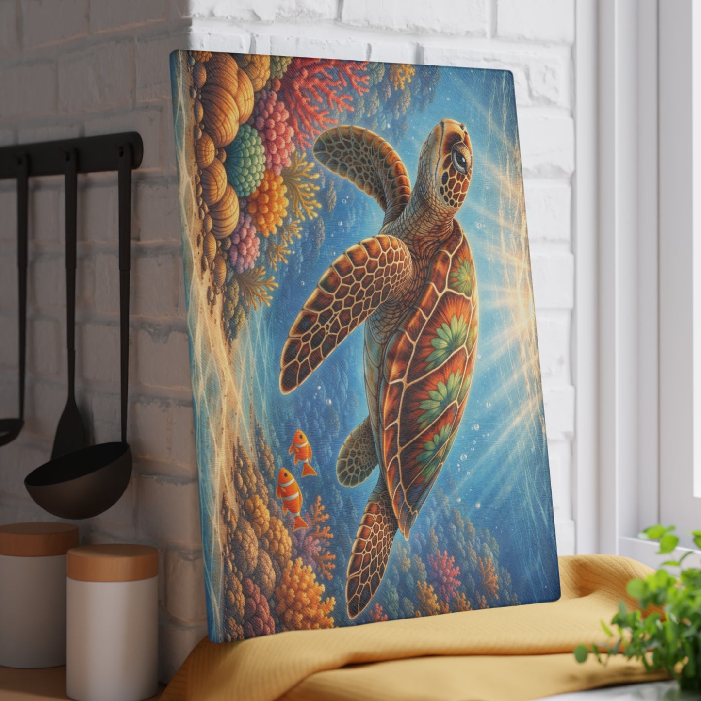 Colorful Sea Turtle Glass Cutting Board – Vibrant Underwater Ocean Reef Kitchen Art