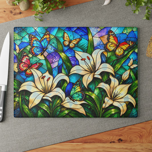 Stained-Glass-Inspired White Lily & Butterfly Cutting Board – Colorful Floral Garden, Blue Mosaic Background & Kitchen Décor
