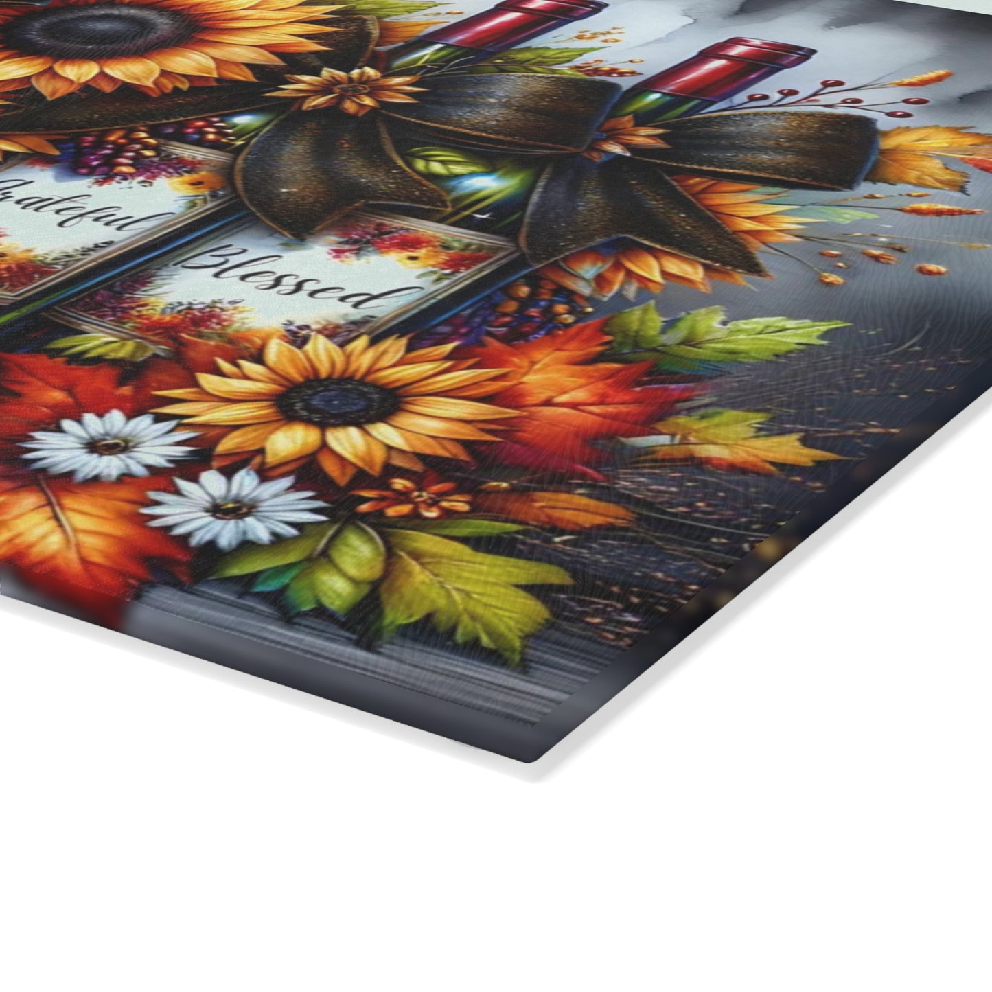 🍂🍷 “Thankful • Grateful • Blessed” Sunflower Wine Trio – Glass Cutting Board