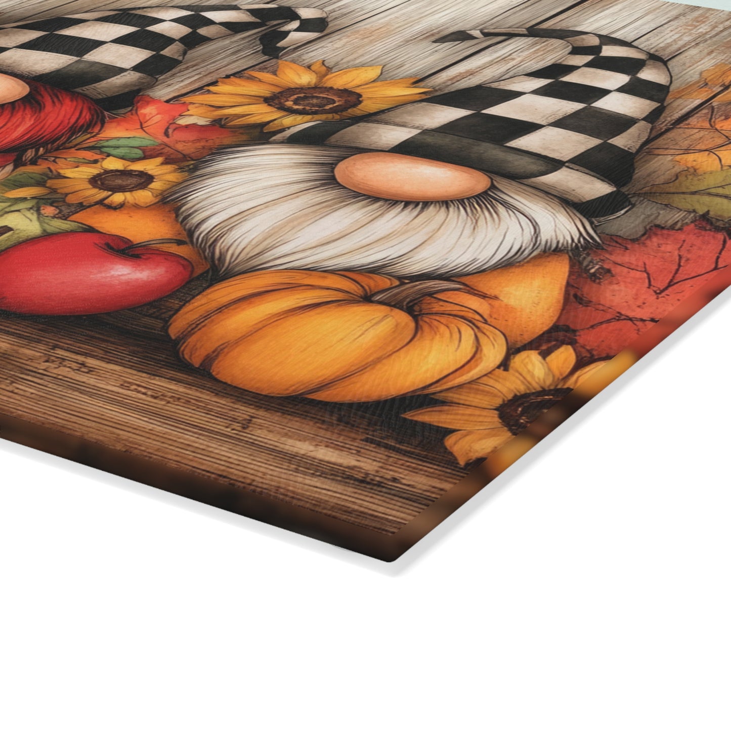 🍎 Fall Harvest Gnome Trio Cutting Board – Rustic Charm with Sunflowers, Apples & Checkered Hats 🍂🎃
