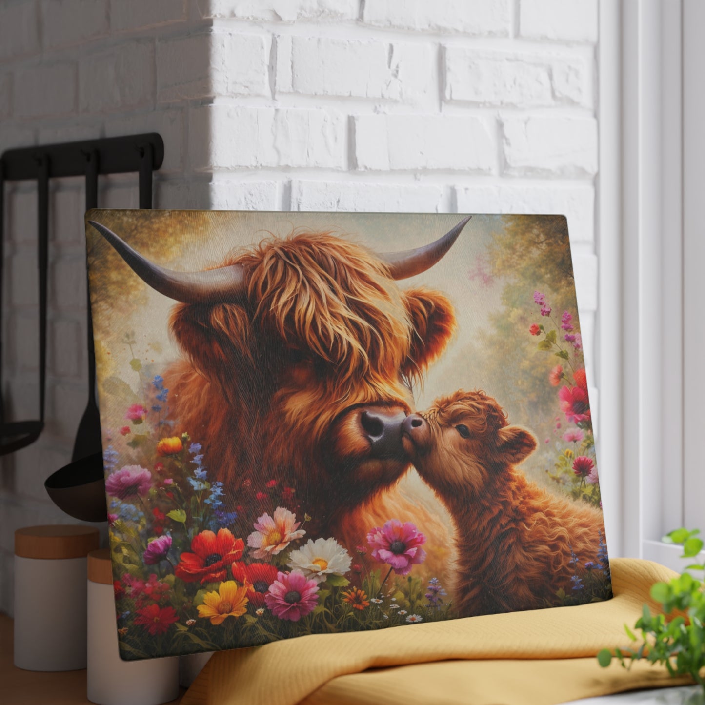 Highland Cow and Calf Floral Glass Kitchen Surface – Warm Farmhouse Style Artwork