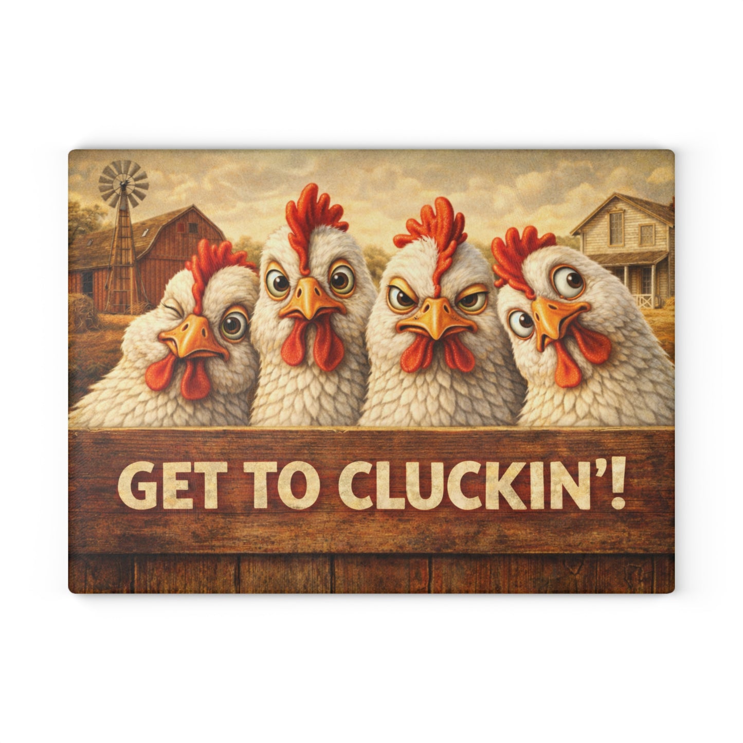 Get to Cluckin’! Funny Chicken Glass Cutting Board – Bold Farmhouse Kitchen Humor
