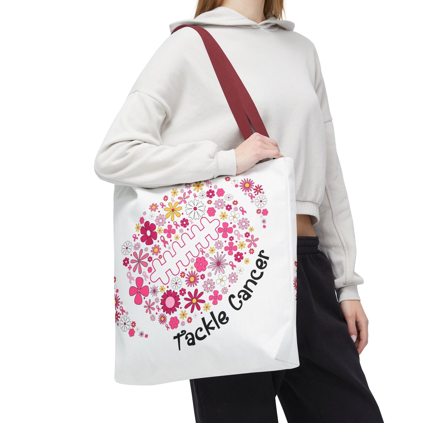 🌸 Pink Floral Football Tote Bag – Game Day Meets Breast Cancer Awareness 🎀👜