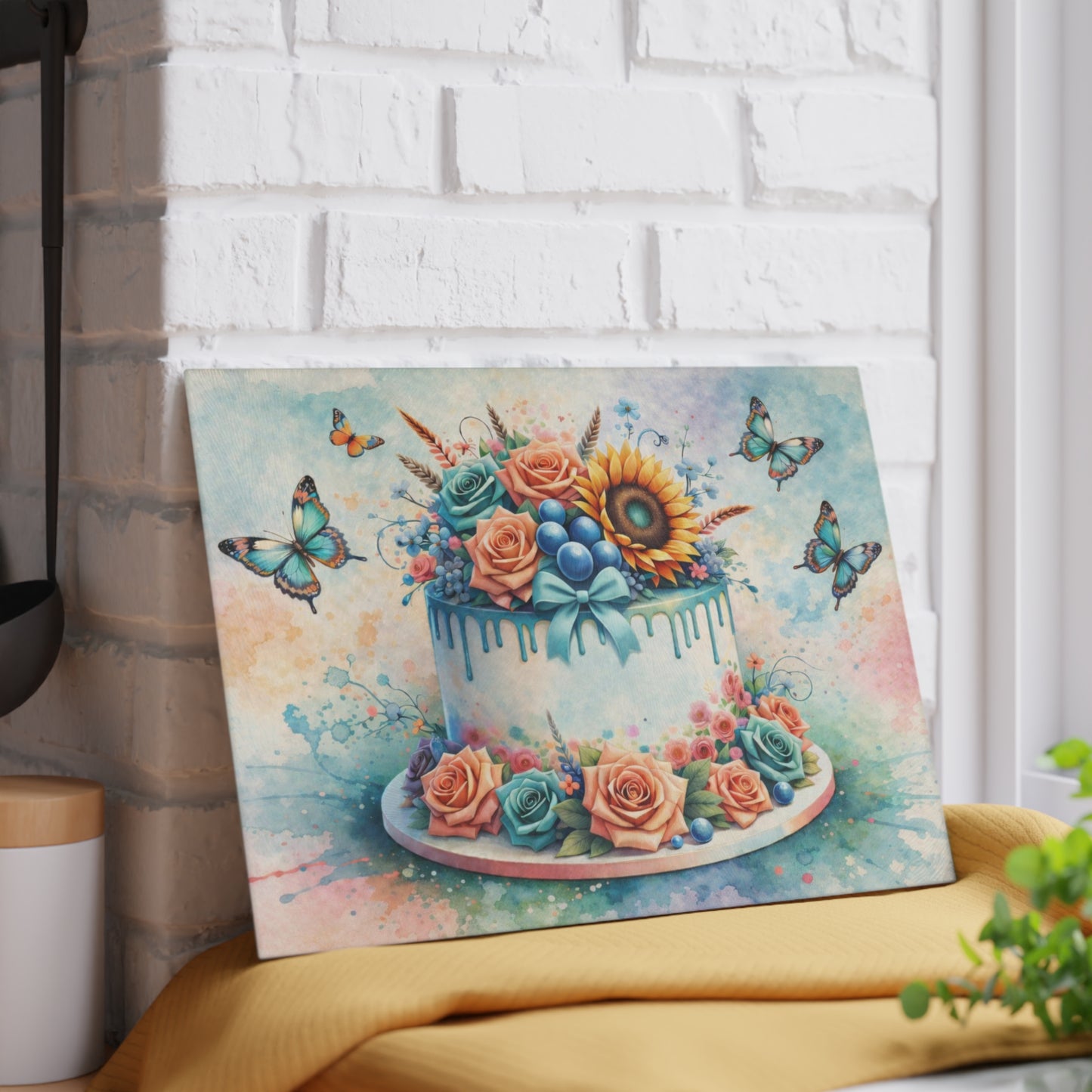 Floral Celebration Cake Glass Cutting Board – Elegant Dessert Kitchen Decor