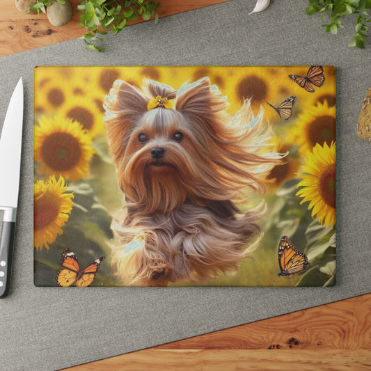 Yorkshire Terrier entre los girasoles – Tabla de cortar de vidrio templado