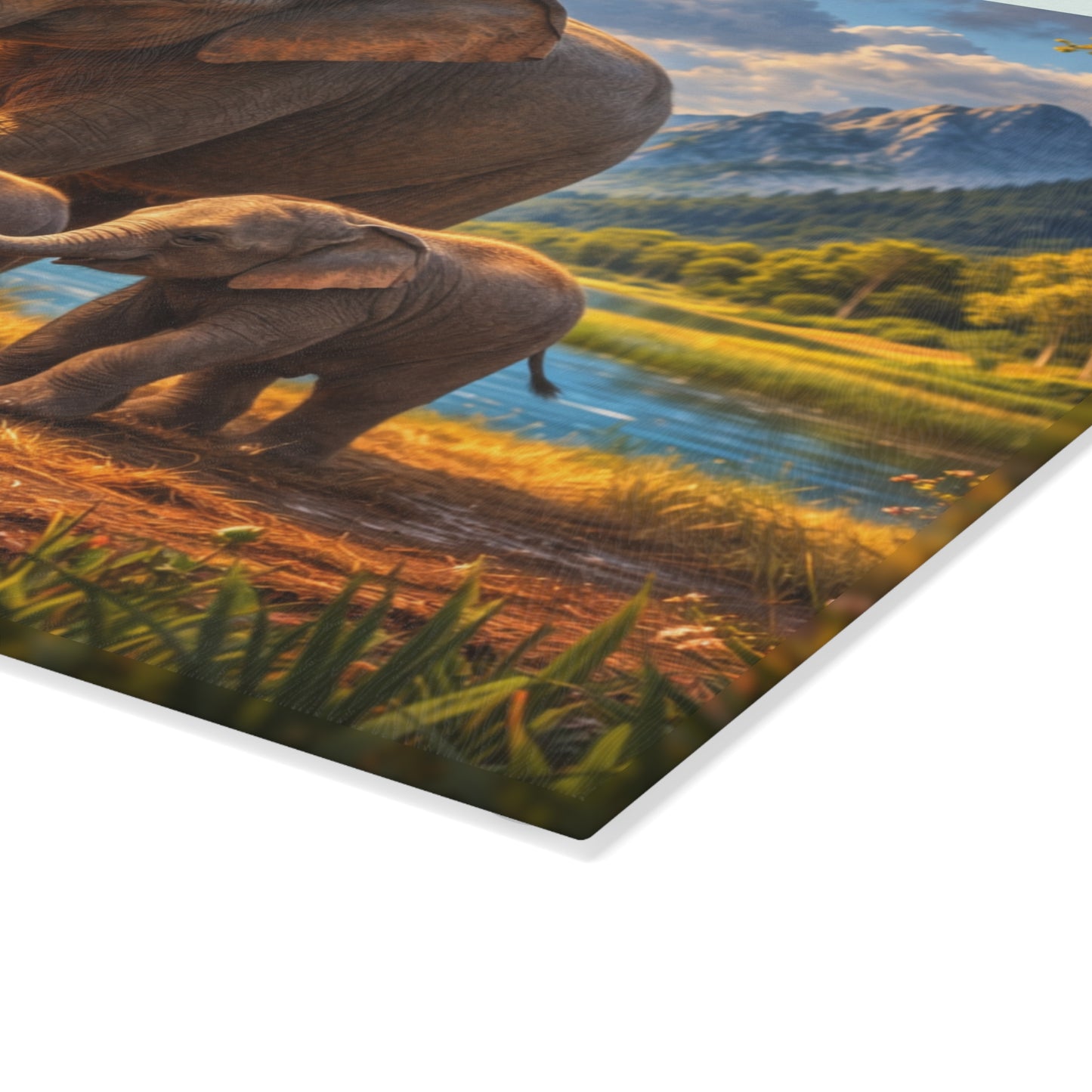 Mother Elephant with Calves Glass Cutting Board – Peaceful Wildlife Family Kitchen Art