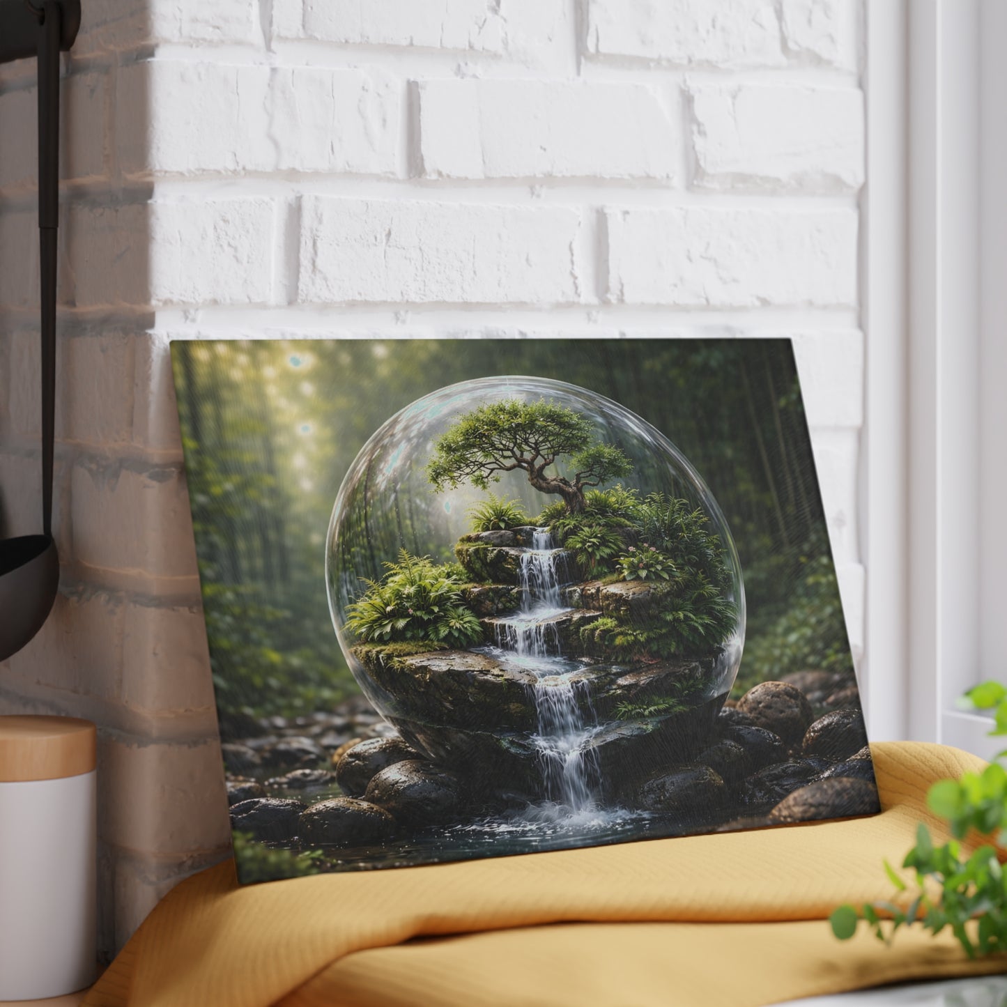 Enchanted Forest Waterfall Terrarium Glass Cutting Board – Nature-Inspired Zen Kitchen Art