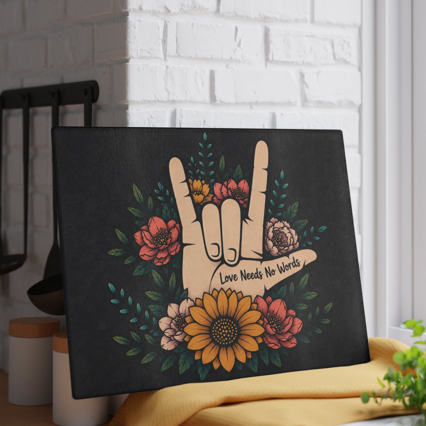 Love Needs No Words Glass Cutting Board – Floral ASL Hand Design