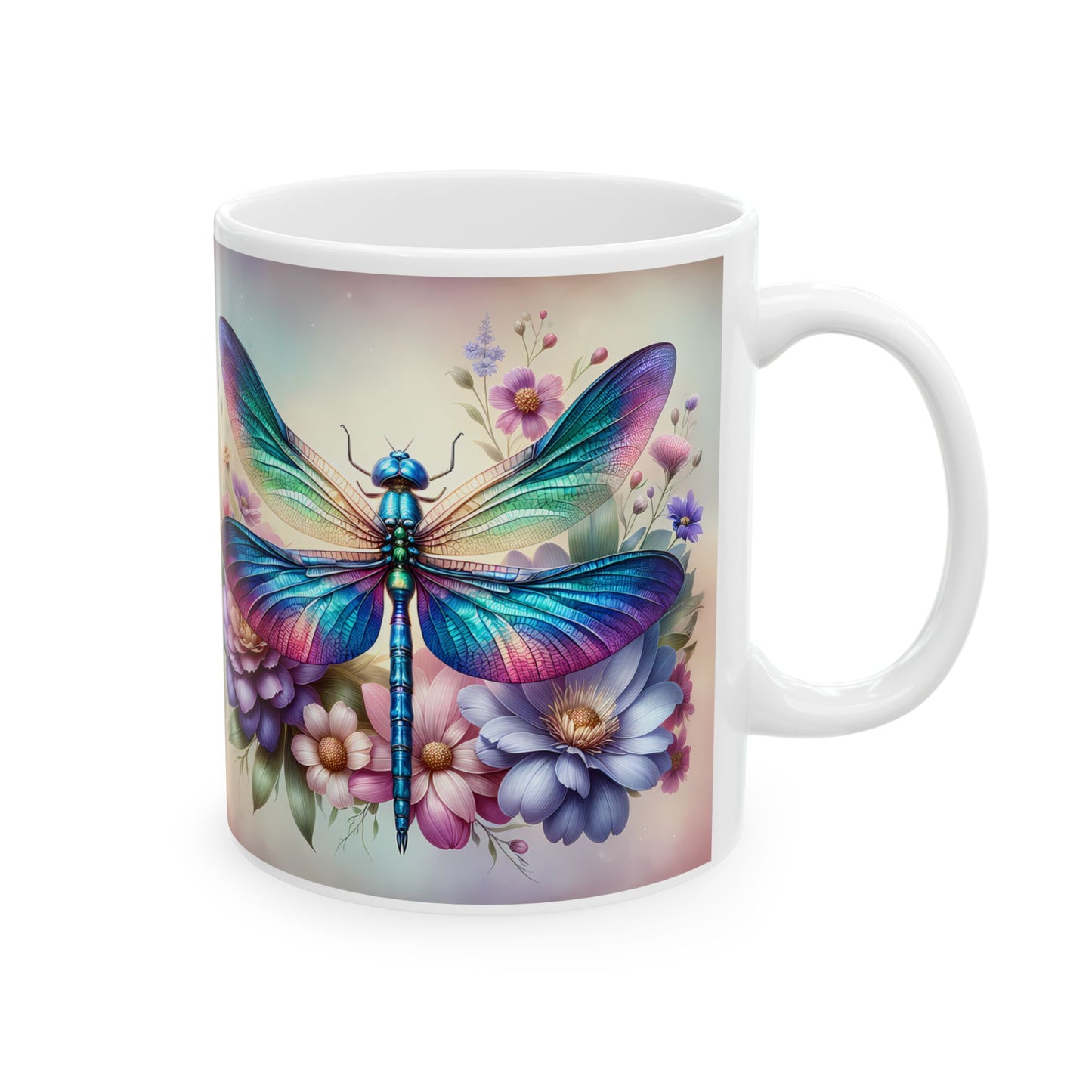 🌸 Vivid Garden Bloom – Envoltorio para taza de café con libélula arcoíris ☕