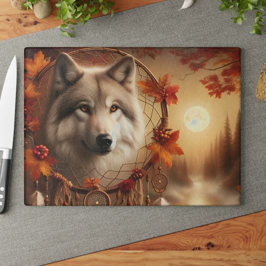🐺 Autumn Wolf Dreamcatcher Cutting Board – Mystical Forest Elegance 🌕