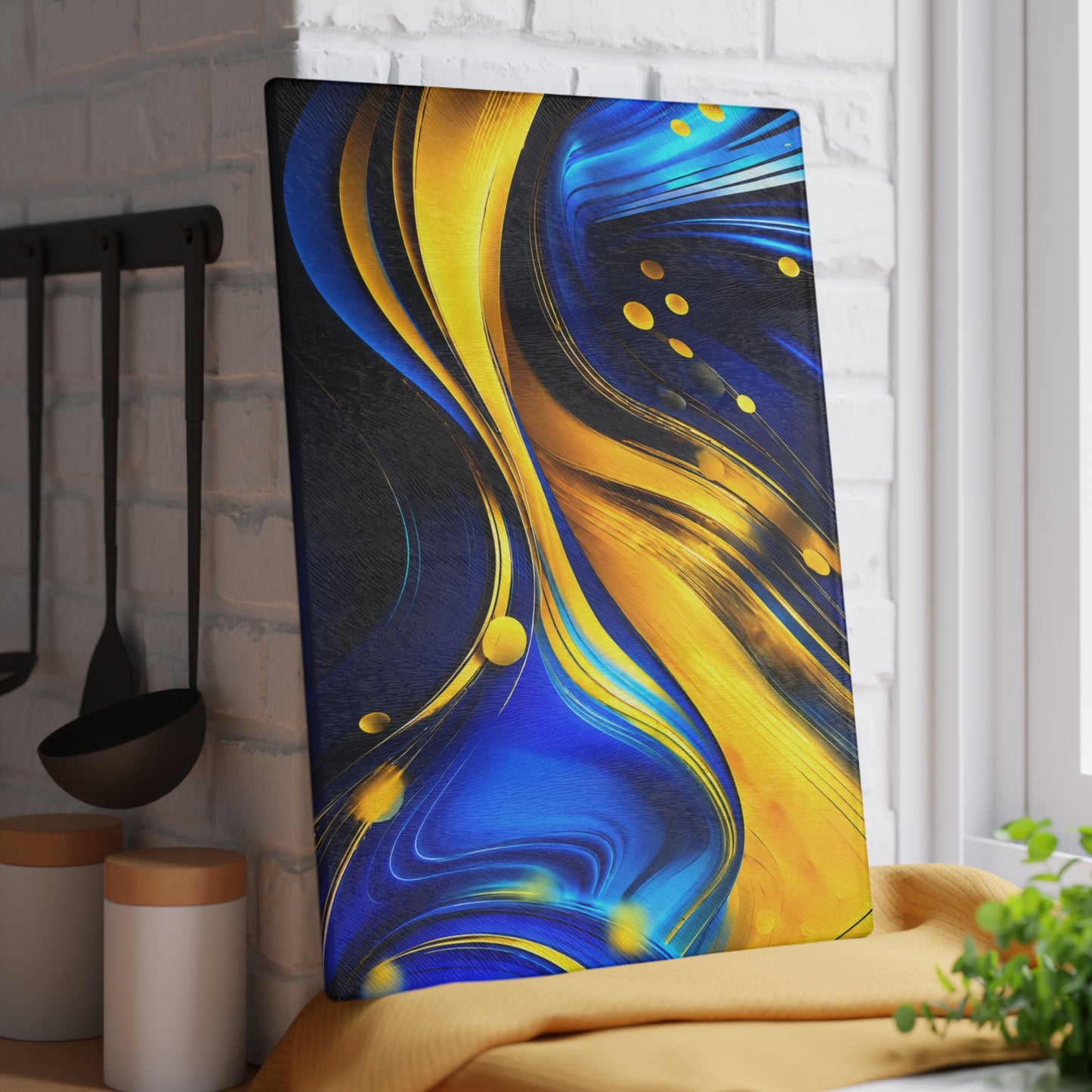 Blue & Gold Abstract Glass Cutting Board – Modern Fluid Art Kitchen Decor