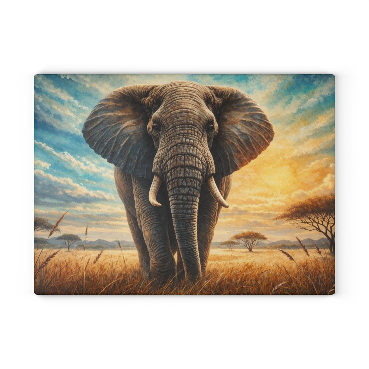 Savanna Guardian Elephant Glass Cutting Board – Dramatic Wildlife Sunset Kitchen Art