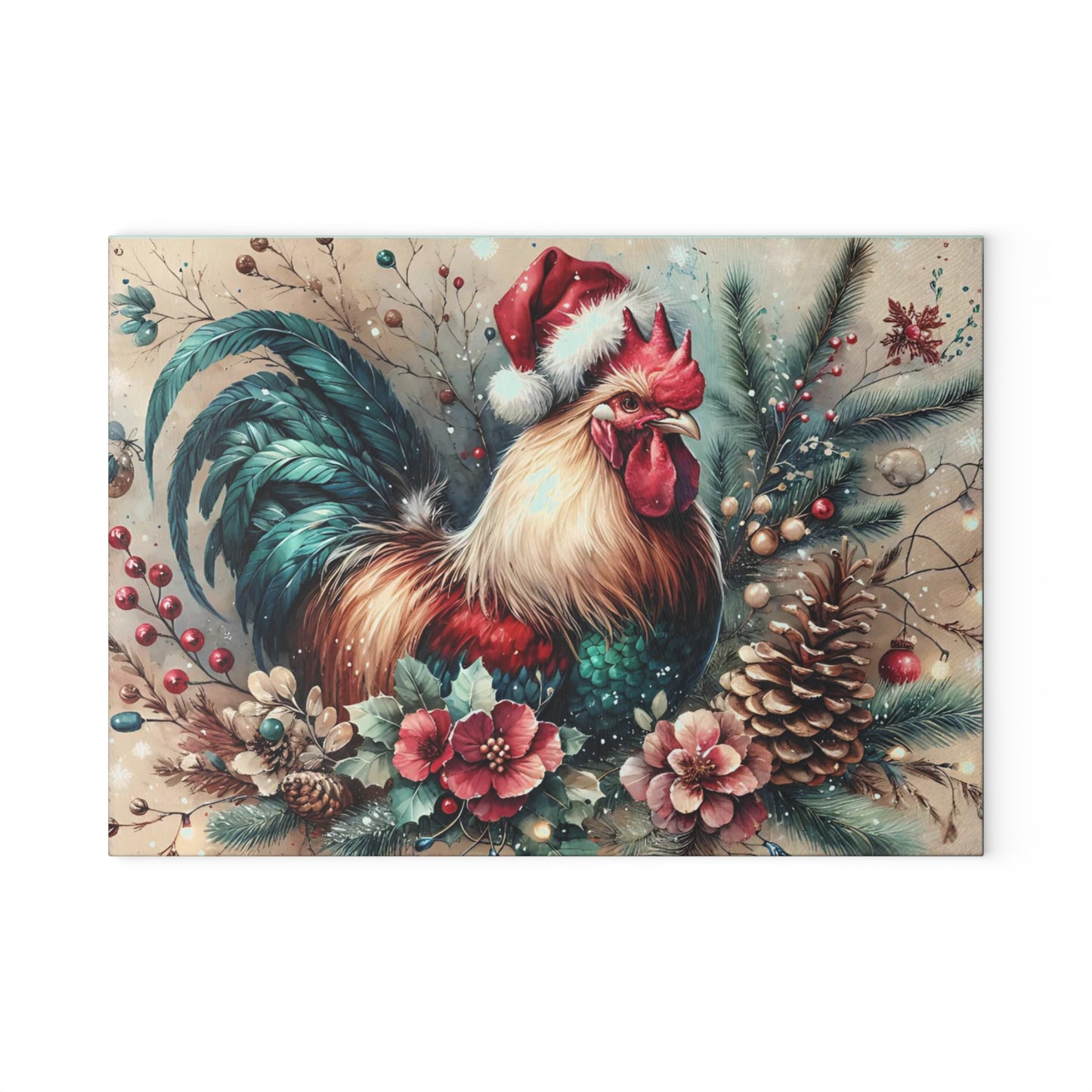 🐓🎄 “Holiday Rooster” Tempered Glass Board – Festive Farmhouse Cheer for Your Kitchen