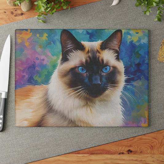 😻 Siamese Cat Cutting Board – Blue-Eyed Beauty in a Color Splash Kitchen Scene 🟦🌈