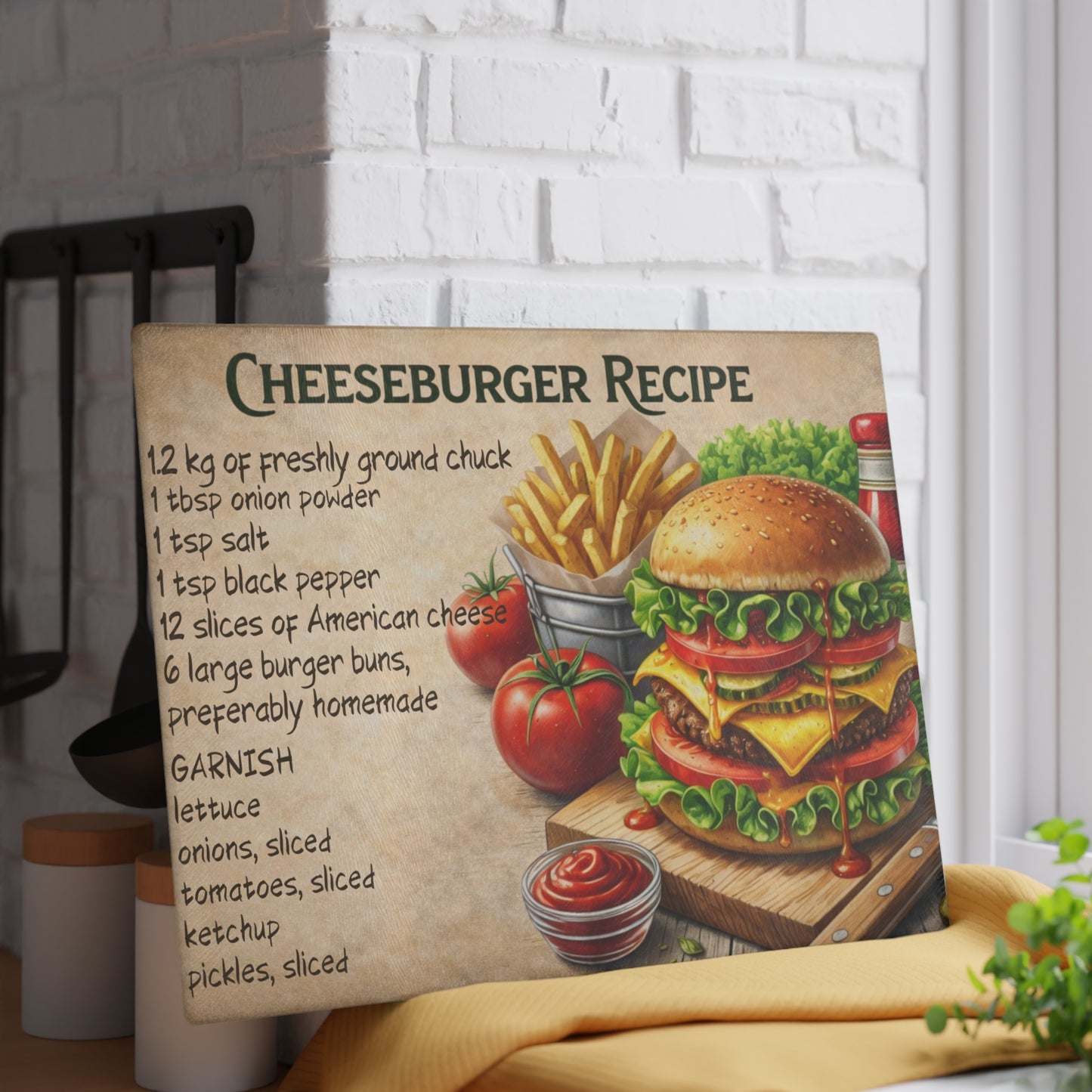 Cheeseburger Recipe Glass Cutting Board – Classic Burger Kitchen Art