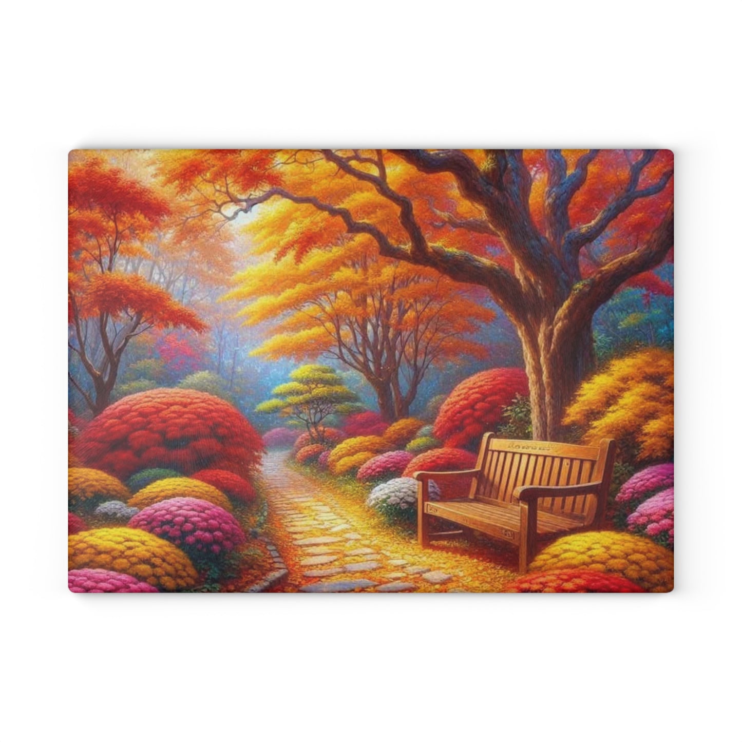 🍁 Autumn Park Bench Path – Cozy Fall Tempered Glass Cutting Board