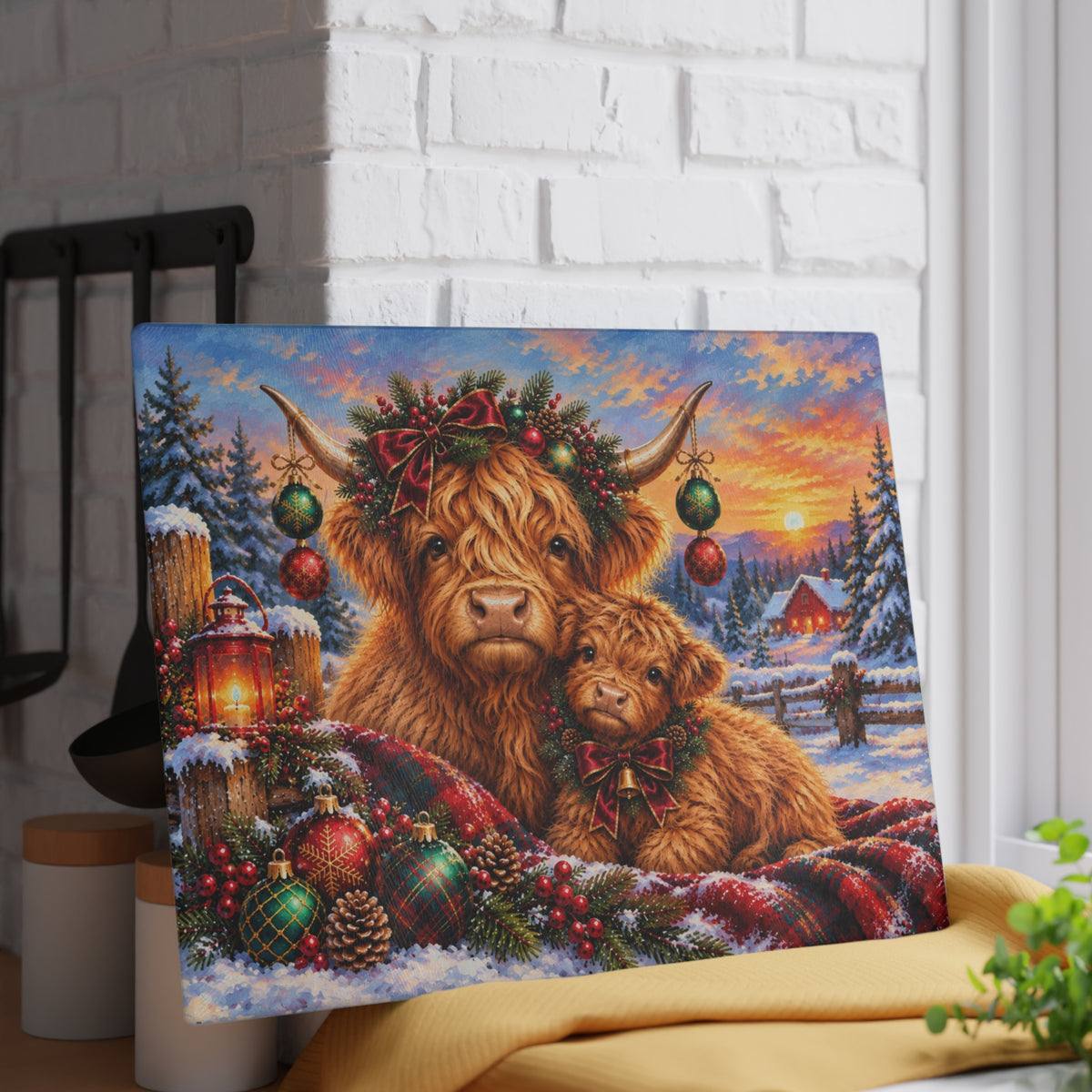 Christmas Highland Cow and Baby Calf Tempered Glass Cutting Board – Festive Farmhouse Winter Art – 11 × 15 Inches
