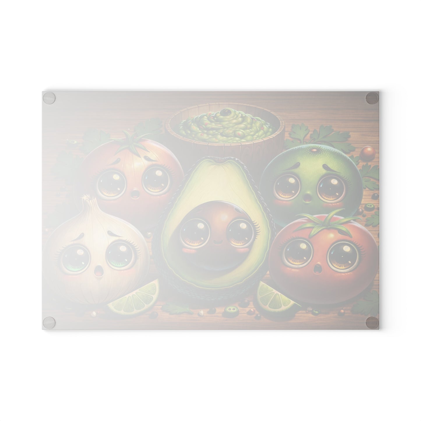 Cute Avocado & Veggie Glass Cutting Board – Whimsical Kitchen Art with Guacamole Charm