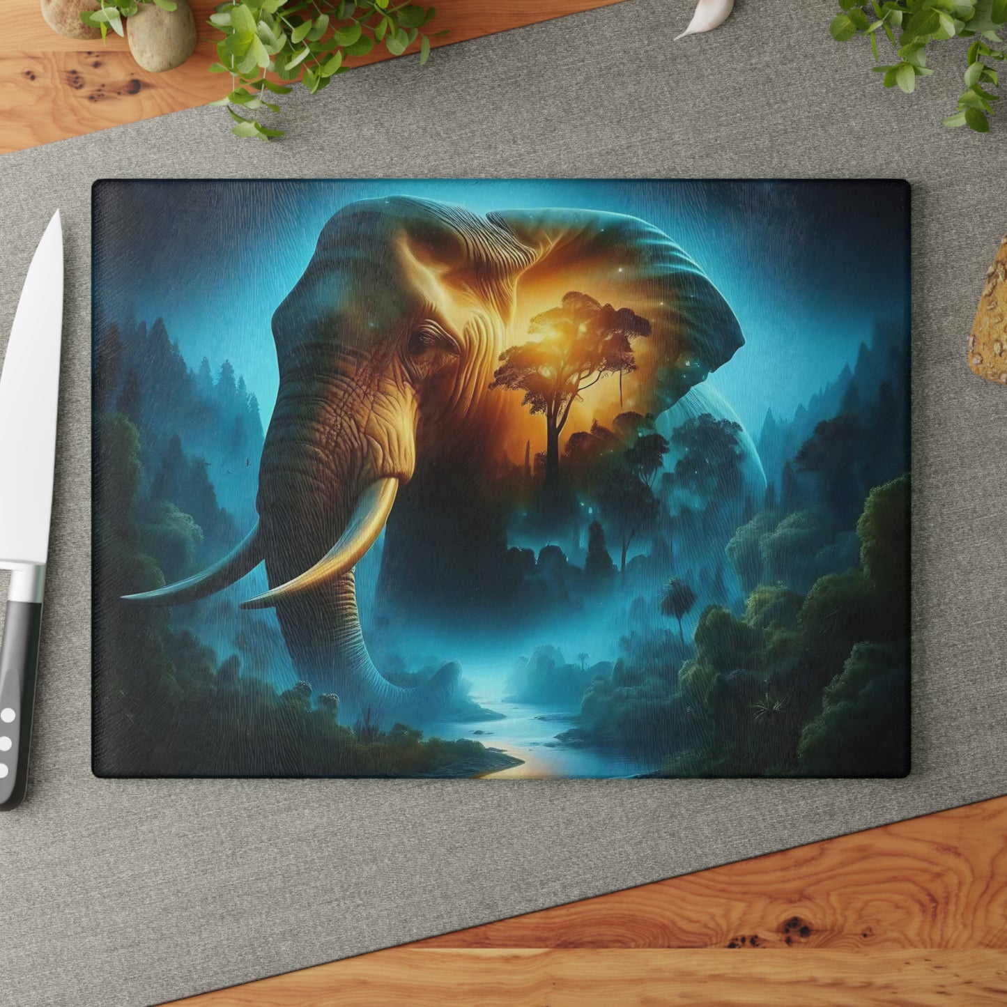 Tabla de cortar de vidrio templado con forma de elefante: presenta una impresionante representación artística de un elefante.