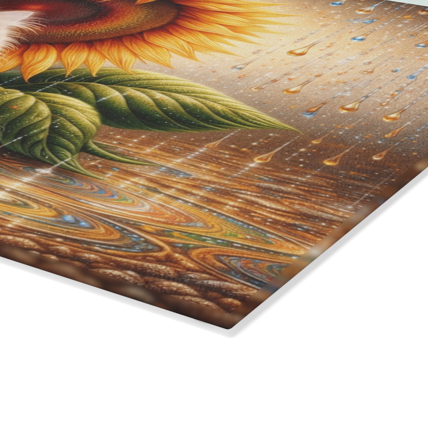 Sunflower Rain Cat Glass Cutting Board – Whimsical Floral Cat Kitchen Art & Display Board
