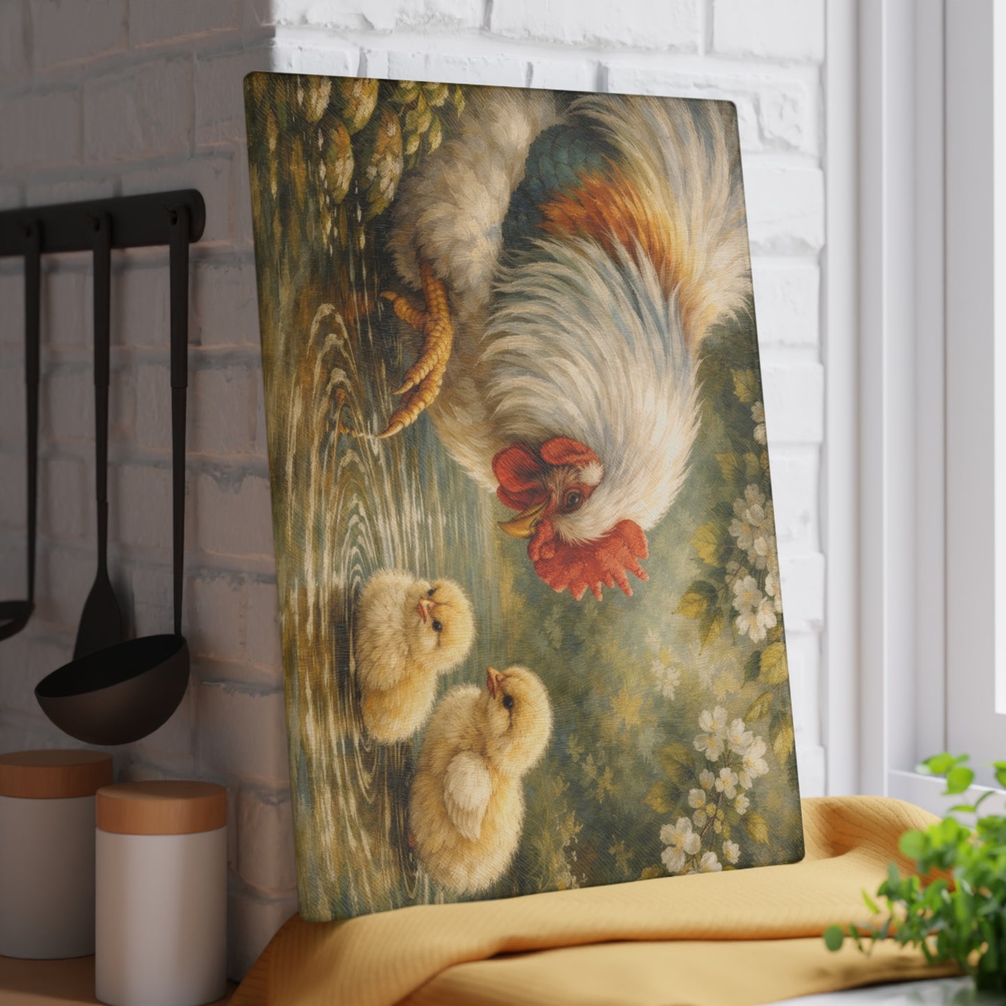 Mother Hen and Chicks Glass Cutting Board – Farmhouse Chicken Kitchen Decor