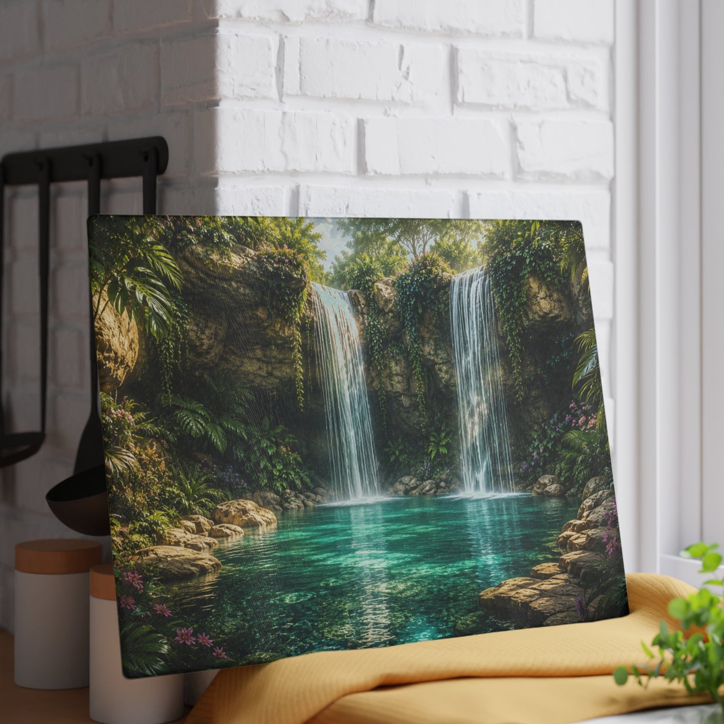 Tropical Twin Waterfall Glass Cutting Board – Serene Nature Kitchen Decor, Rainforest Waterfall Landscape Gift
