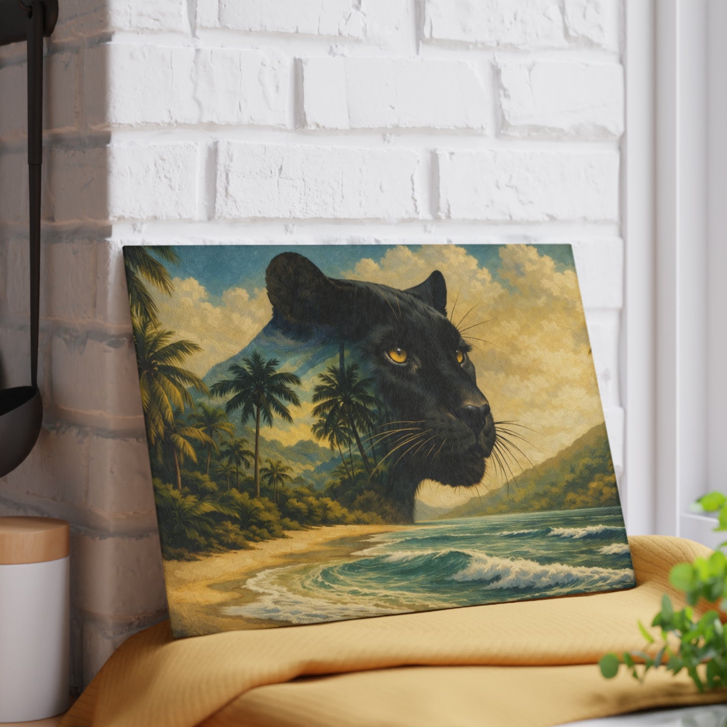 Black Panther Tropical Beach Glass Cutting Board – Exotic Wildlife Coastal Artwork