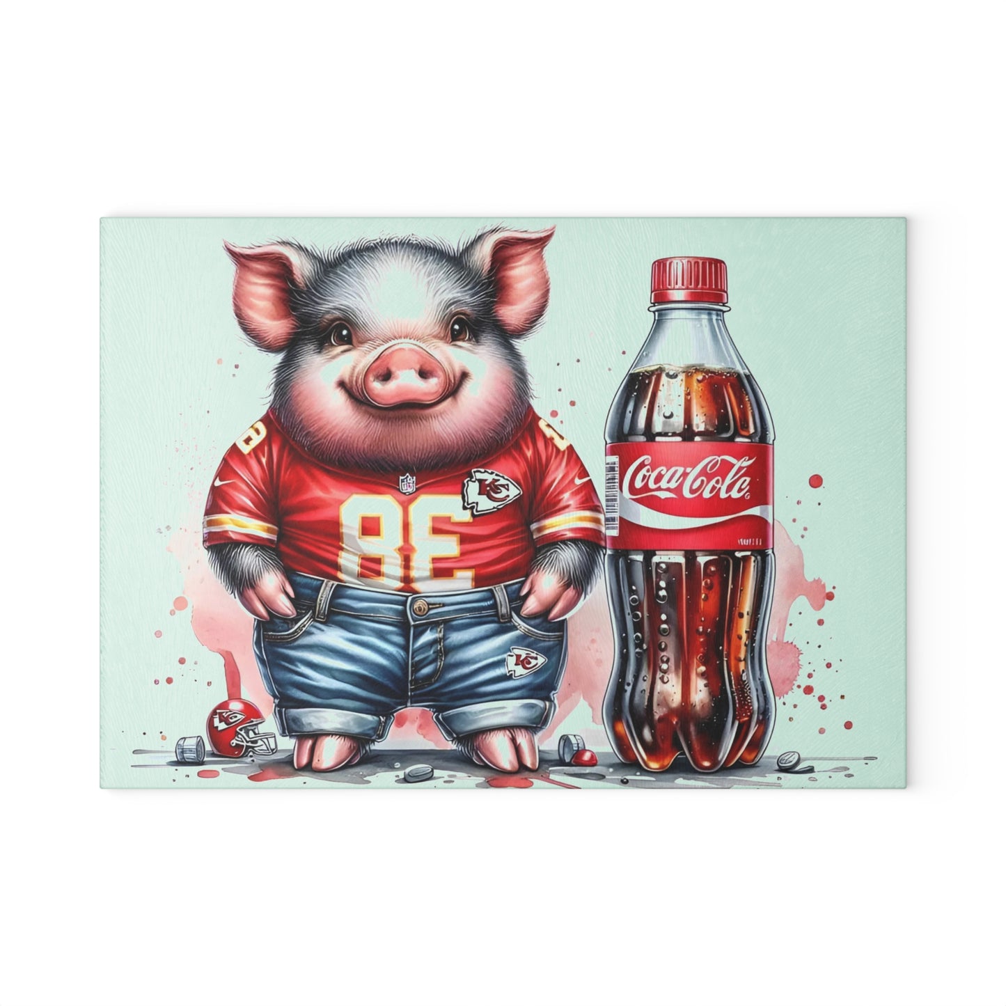 Tabla de cortar de vidrio con diseño de cerdo Jersey rojo y amarillo: arte de cocina audaz con actitud sureña