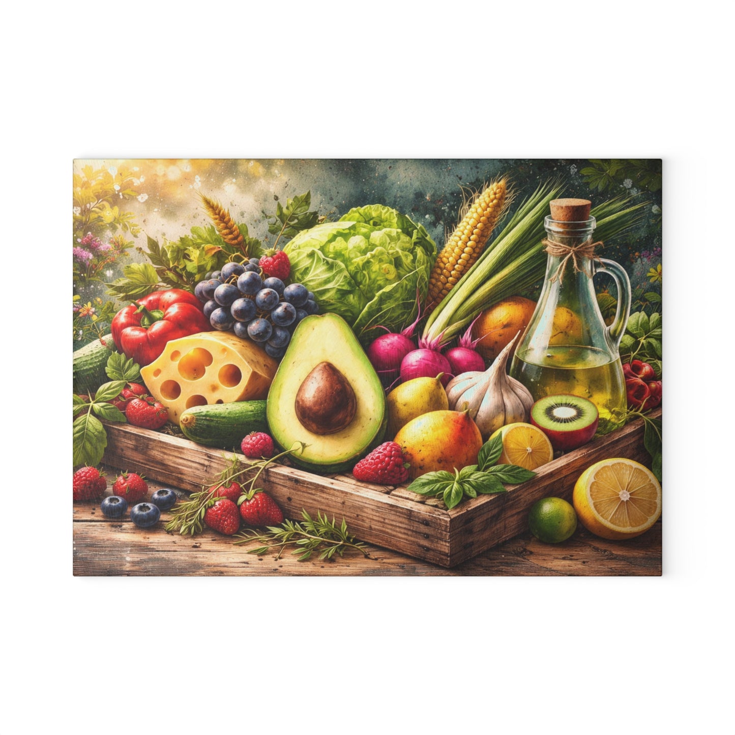 Fresh Harvest Farmhouse Glass Cutting Board – Rustic Market Fruit & Vegetable Kitchen Decor