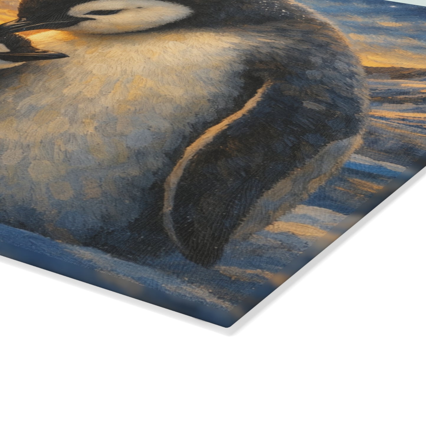 Penguins at Golden Arctic Sunset Glass Cutting Board – Mother and Baby Wildlife Artwork