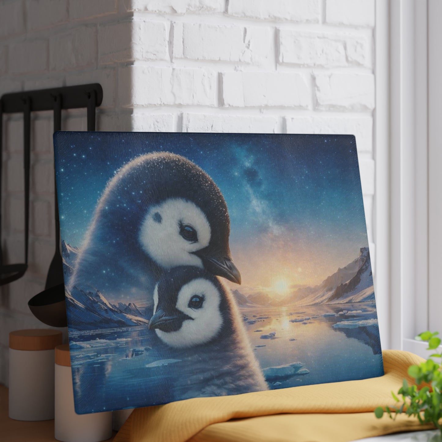 Arctic Penguin Family Northern Sky Glass Cutting Board – Peaceful Polar Wildlife Kitchen Art