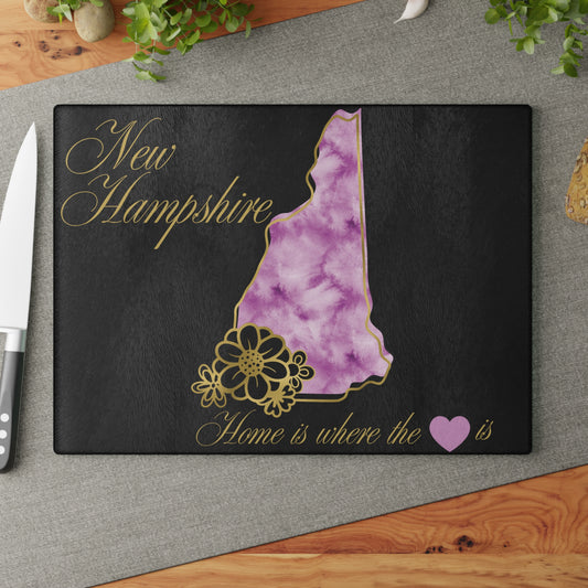 💜 New Hampshire State Floral Cutting Board – Purple Watercolor & Elegant Golden Script