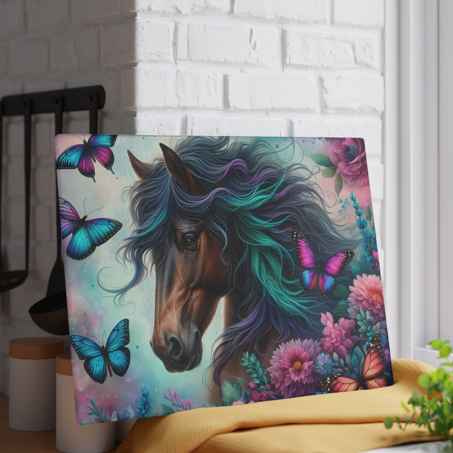 🦋 Majestic Horse & Butterfly Dreamscape Cutting Board – Artistic Elegance for Your Kitchen 🌸