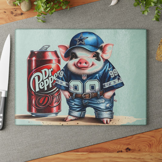 Tabla de cortar de vidrio con diseño de cerdo Jersey azul y blanco: divertida tabla de charcutería con estilo sureño