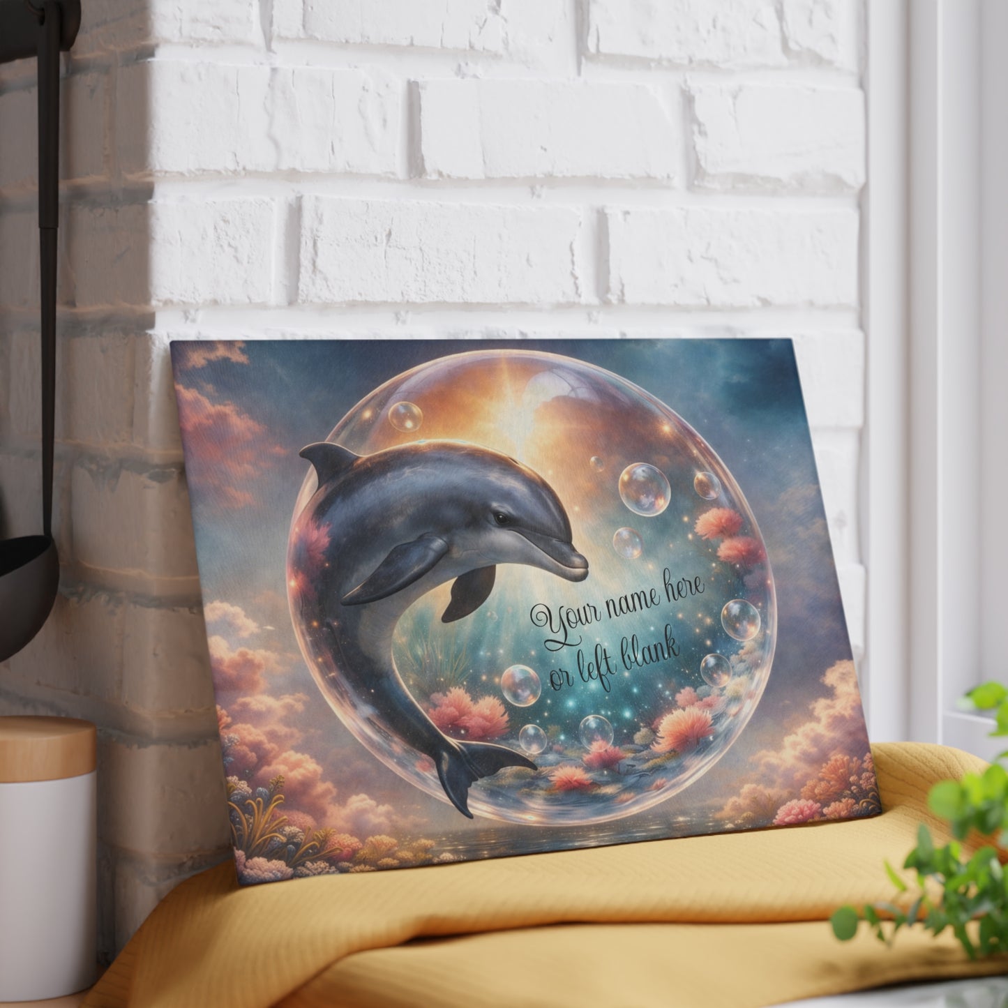 Dolphin Ocean Dream Glass Cutting Board – Personalized Coastal Kitchen Decor with Bubbles and Coral Reef Design
