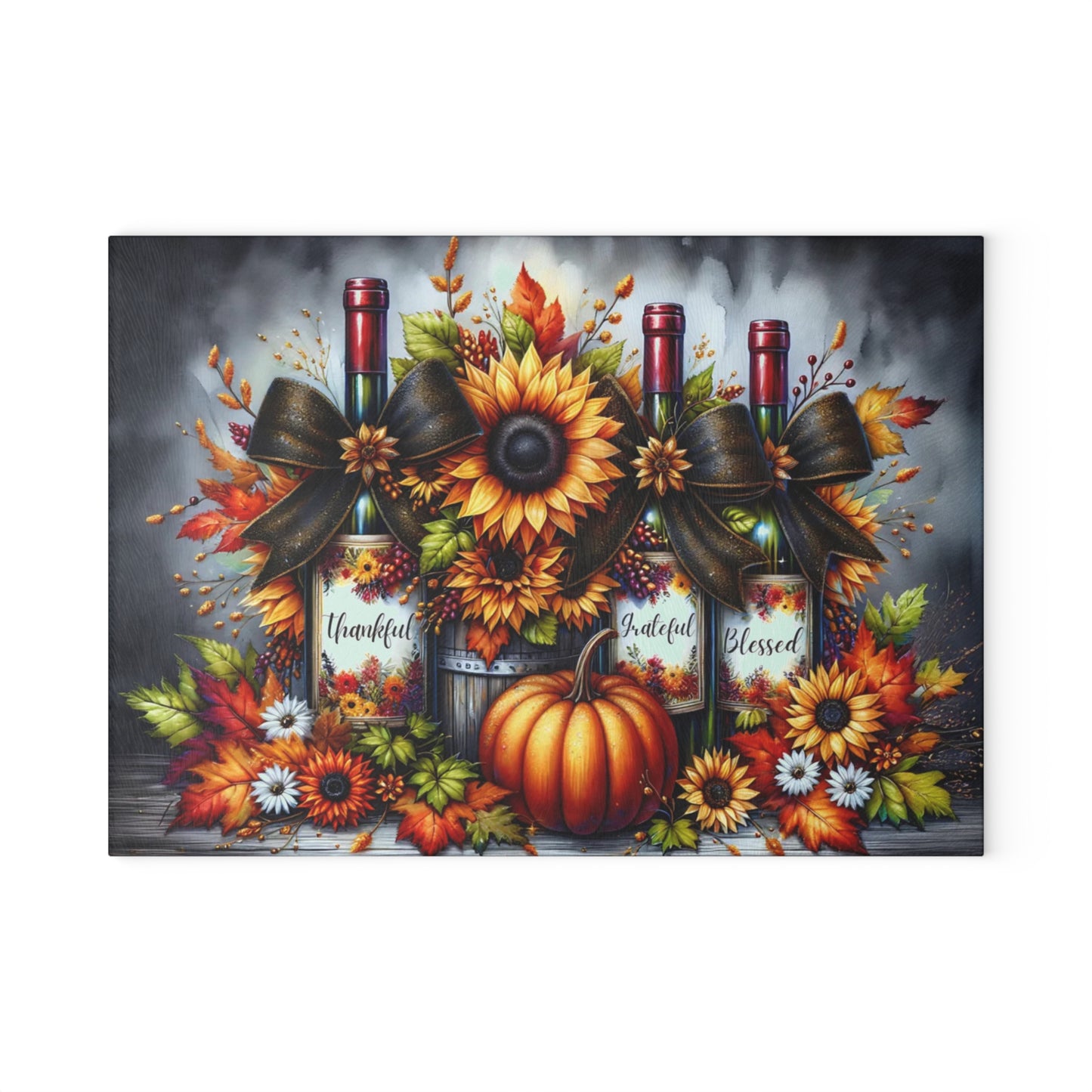 🍂🍷 “Thankful • Grateful • Blessed” Sunflower Wine Trio – Glass Cutting Board