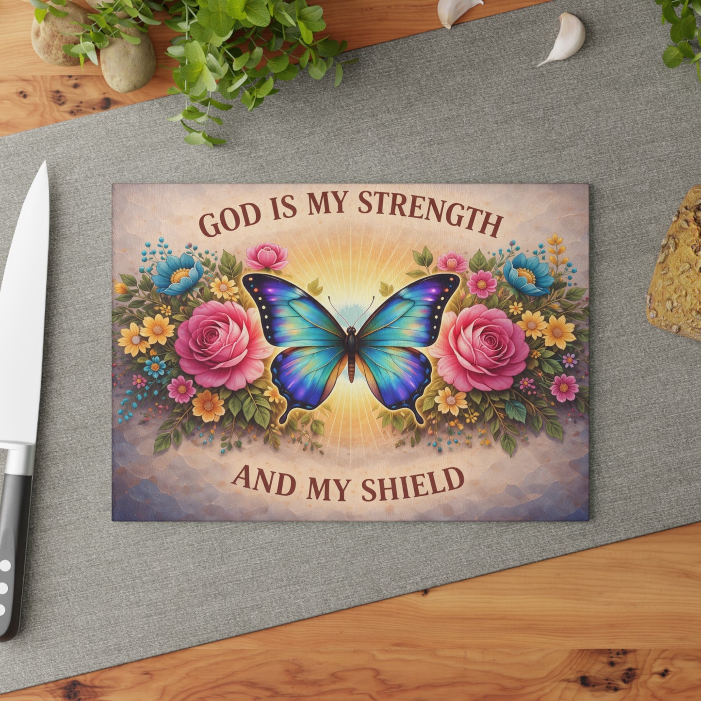 God Is My Strength Glass Cutting Board – Faith Butterfly Floral Christian Kitchen Display