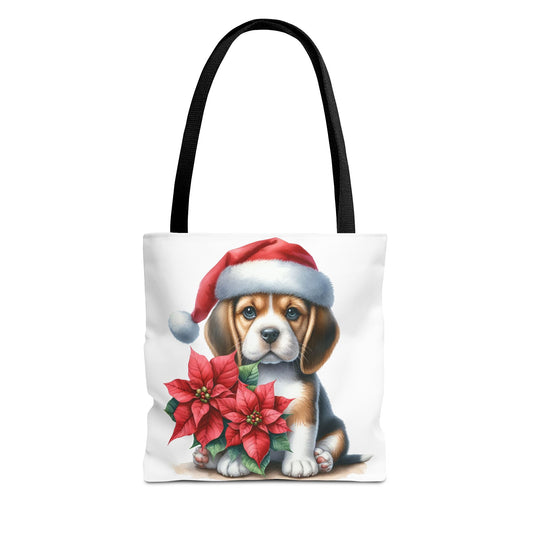 🐶 Beagle Puppy & Poinsettia Christmas Tote Bag – Sweet Holiday Charm in Every Step 🎄