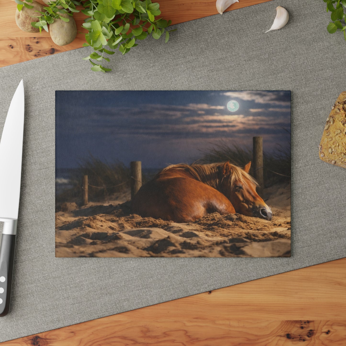 Peaceful Horse on Moonlit Beach Glass Cutting Board – Coastal Farmhouse Horse Lover Kitchen Decor